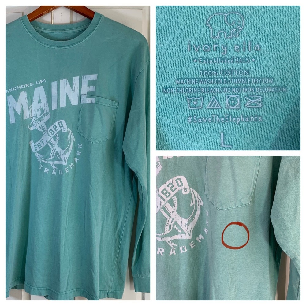 Ivory Ella Maine Anchors Up Long Sleeve Pocket‎ T-Shirt Green Coastal STAIN